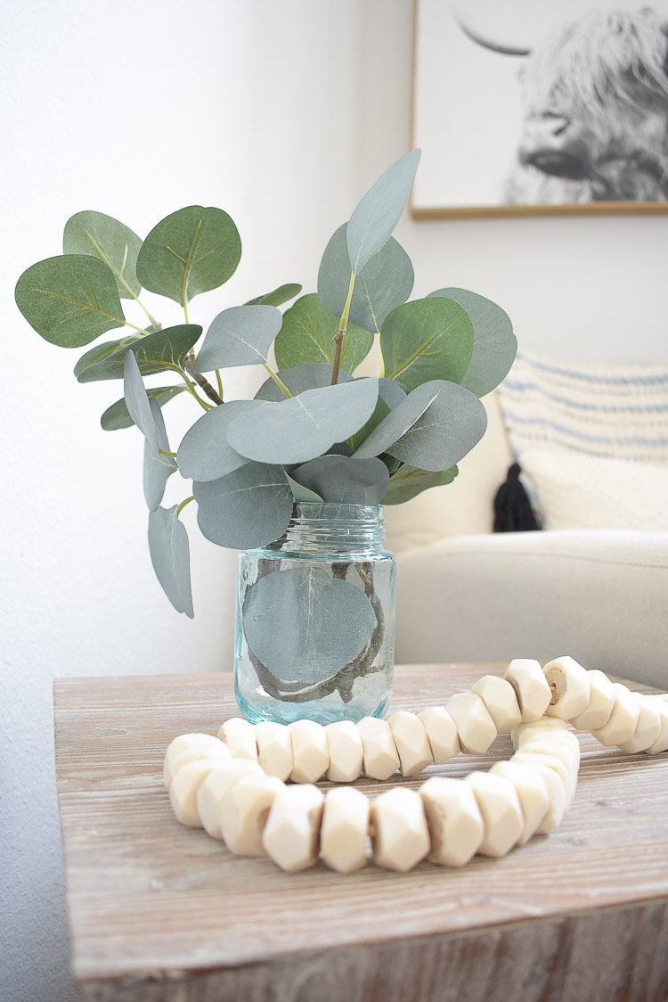 Vintage done modern home decor and accessories - vintage inspired glass jar with faux eucalyptus 