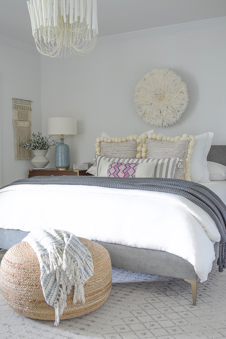 Fall Bedroom Tour - white linen bedding, pom pom pillows, black what xl pillow 