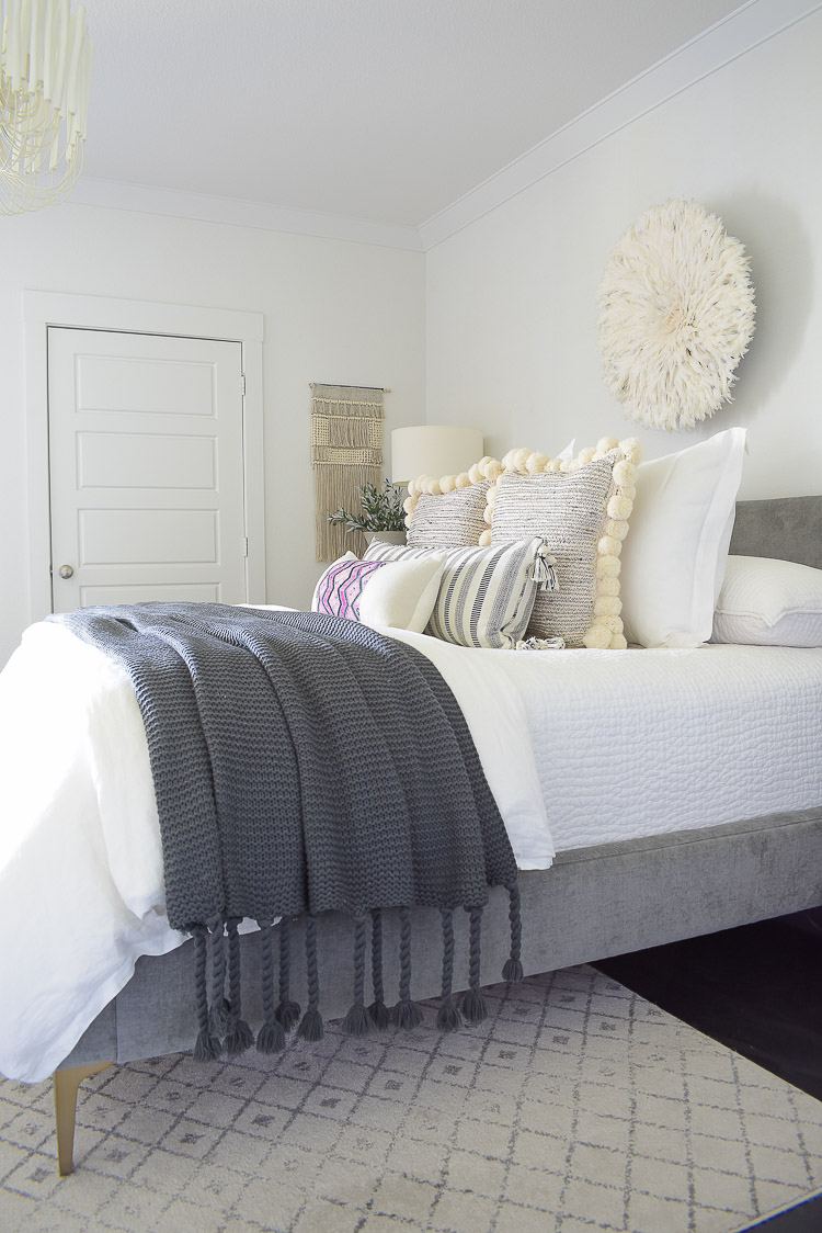 Fall bedroom tour - chunky gray tassel knit throw blanket 