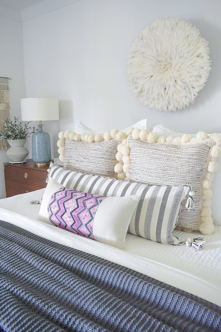 fall bedroom tour - textured pom pom pillows 