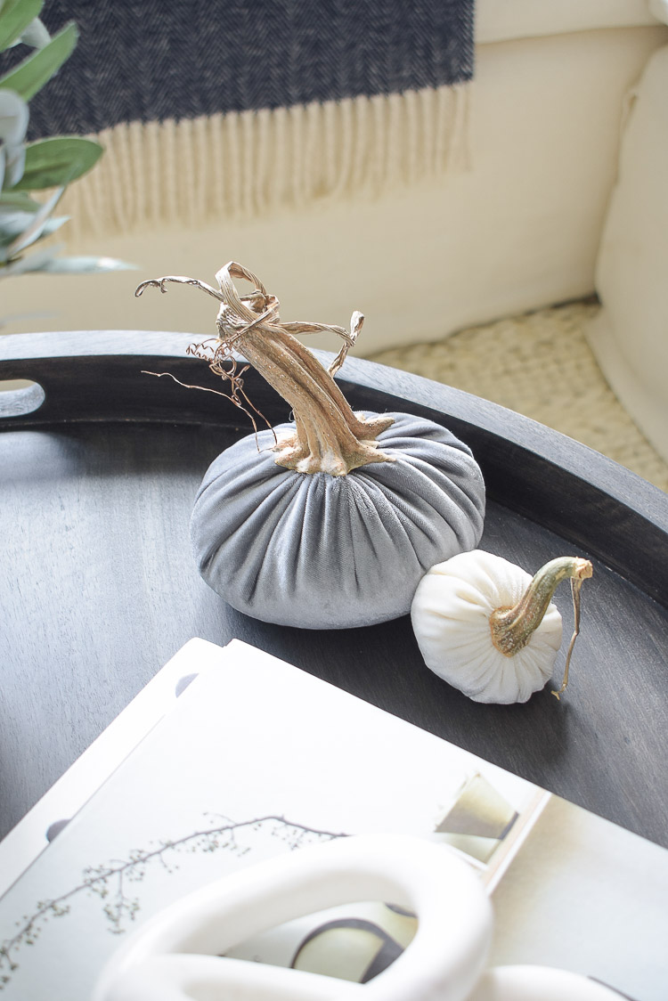 Chunky Wovens for Fall - gray and white velvet pumpkins 