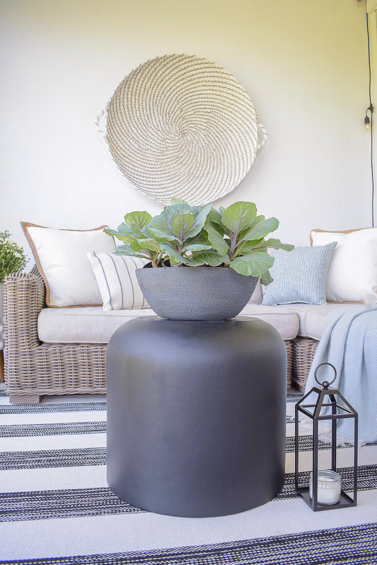 A Cozy Modern Fall Patio Tour - Flowering Kale in Faux Cement Pot 