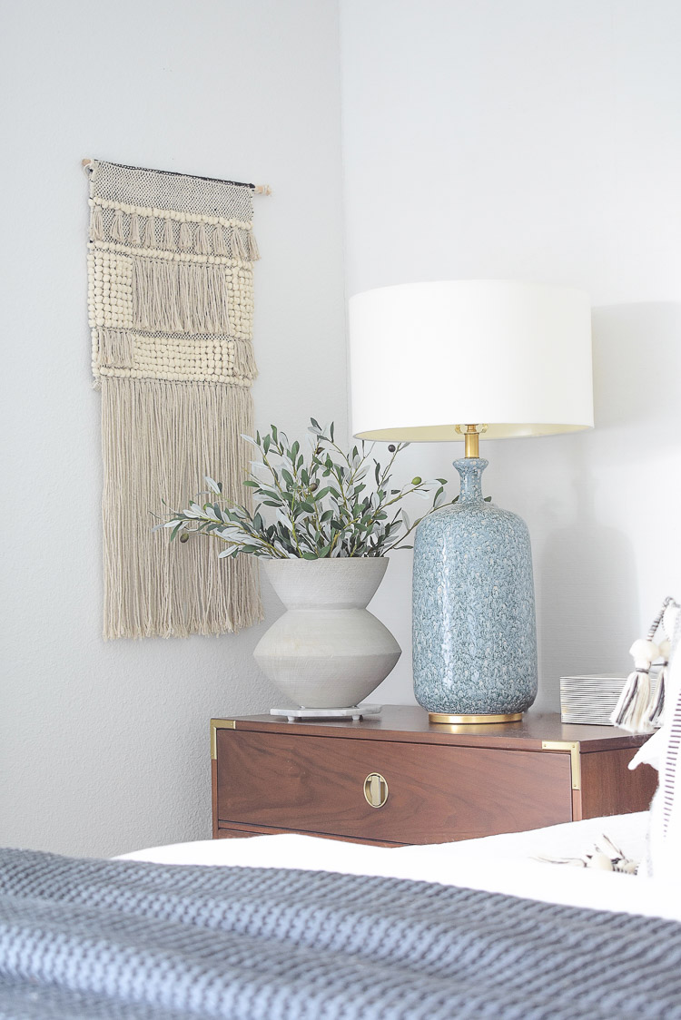 Fall bedroom tour - faux olive branches in gray scratch vase