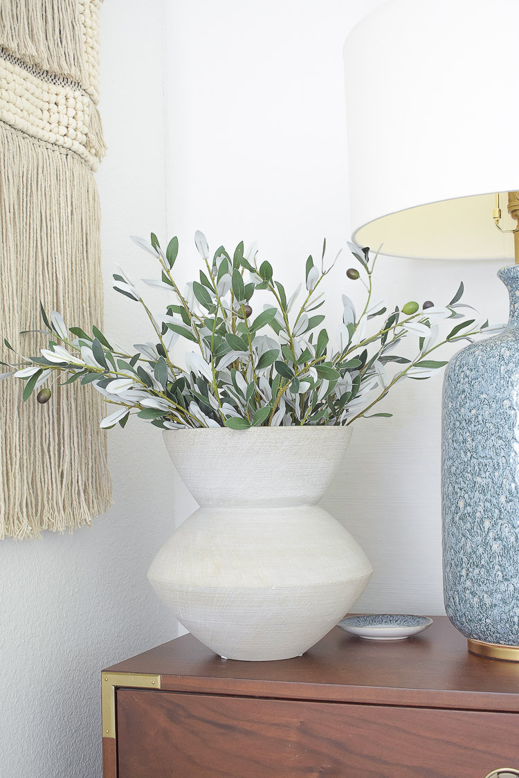 Best Faux Olive Stems in gray scratch vase 