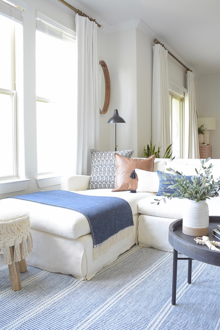 Fall Transition Home Tour - blue white navy leather pillows for fall 