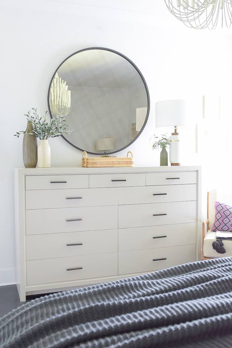 Fall bedroom Tour - gray oversized dresser and round black mirror 