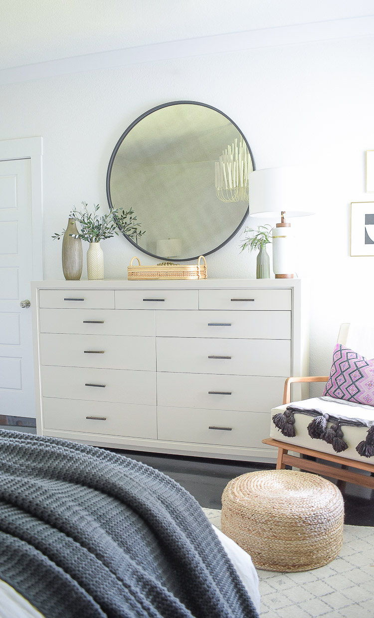 fall bedroom tour - gray oversized dresser with brass hardware, black round mirror 