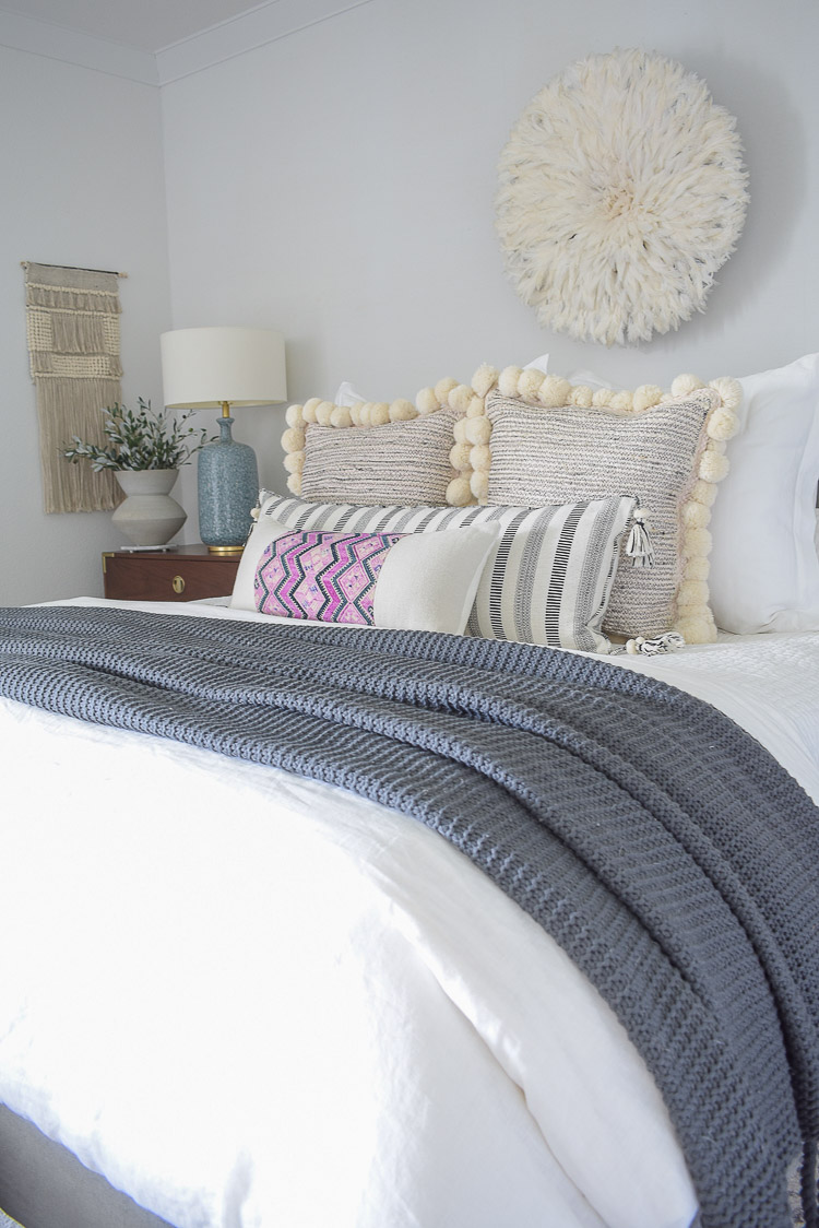 Fall bedroom Tour - pom pom pillows, black and white lumbar pillow, Chinese wedding blanket pillow