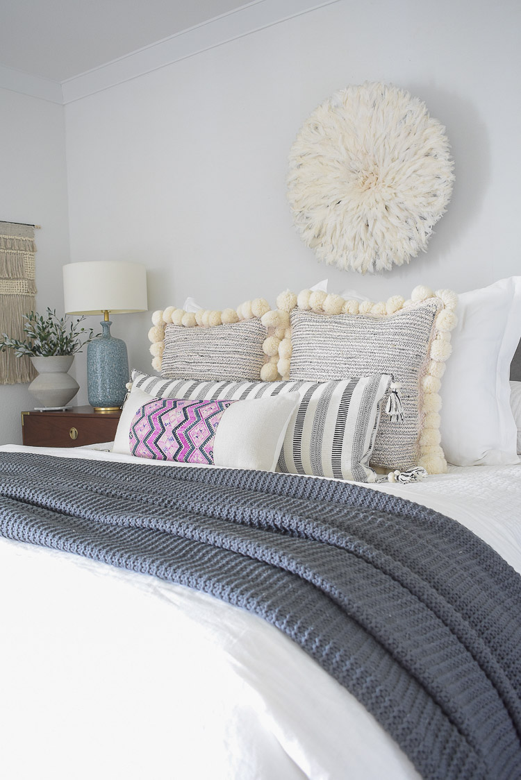 Fall bedroom tour - boho chic bedroom with pom pom pillows, gray tassel throw, Chinese wedding blanket pillow