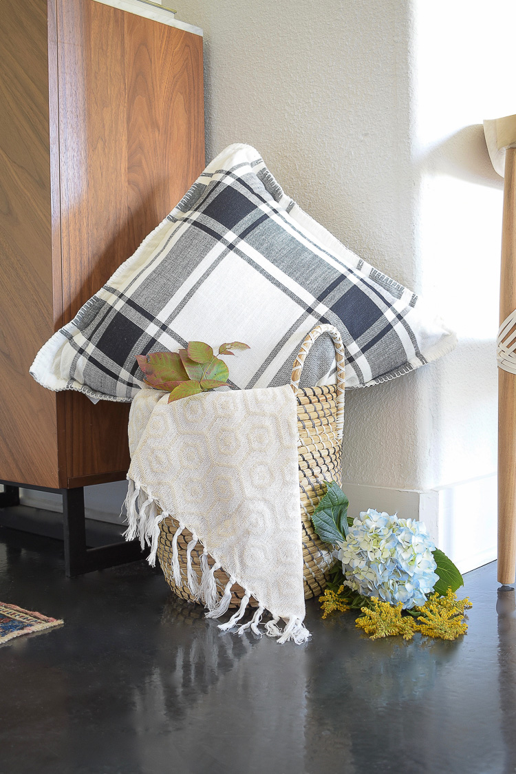 chic modern styled fall entry - buffalo plaid pillow in black and white 