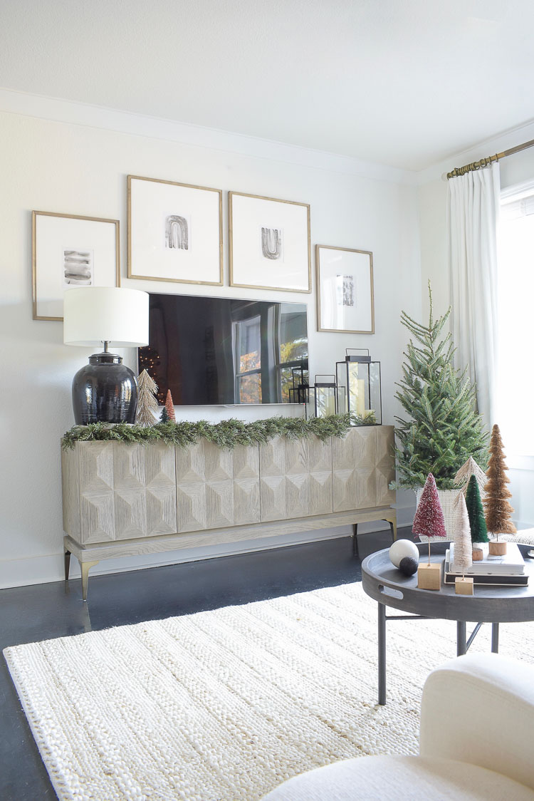 Black, white & gold modern Christmas living room tour - modern gallery wall styled for christmas