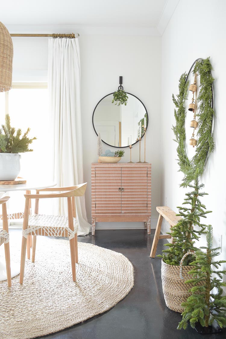 Christmas Dining Room tour - credenza / bar cabinet dressed up for the holidays with mistletoe