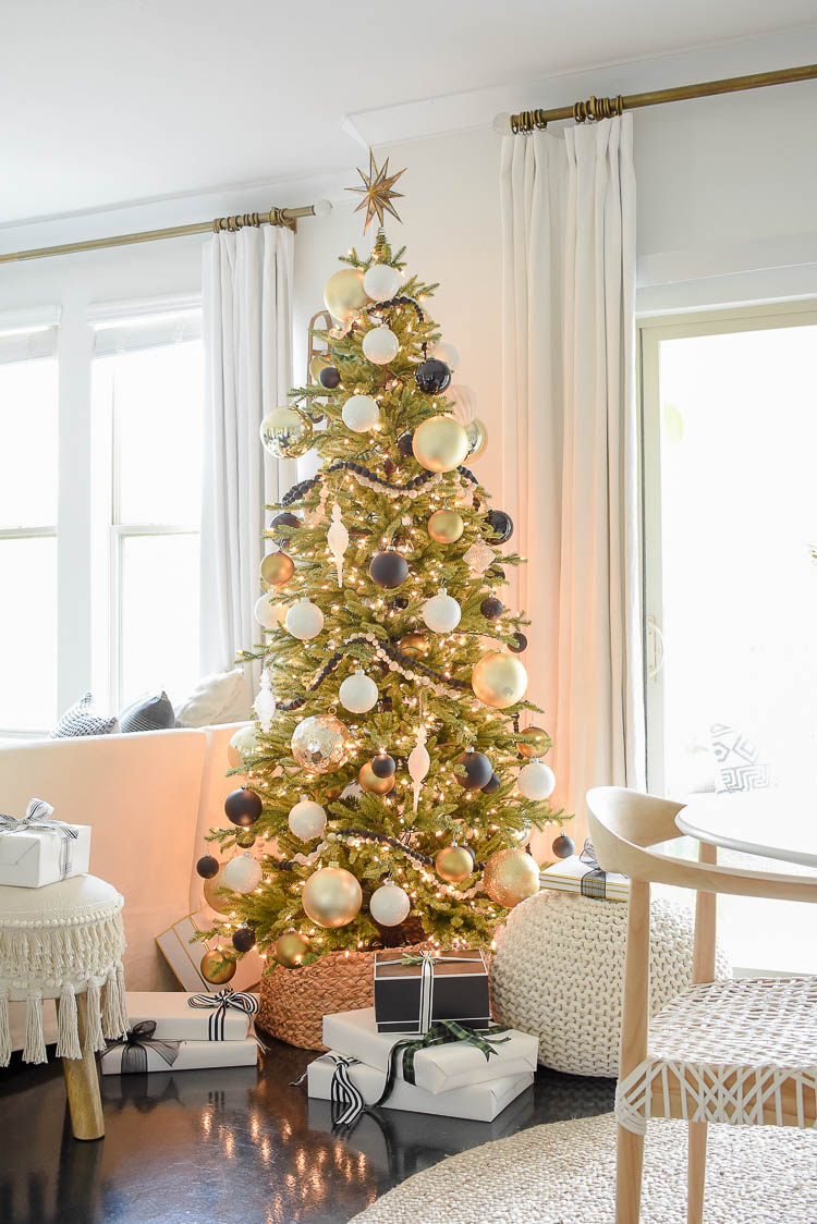 Black, white & gold modern Christmas living room tour - Pre-lit Christmas tree