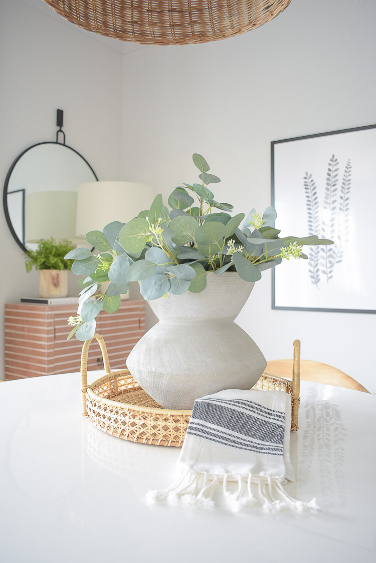 Winter Home Tour - Eucalyptus Center Piece with rattan tray and modern gray vase 