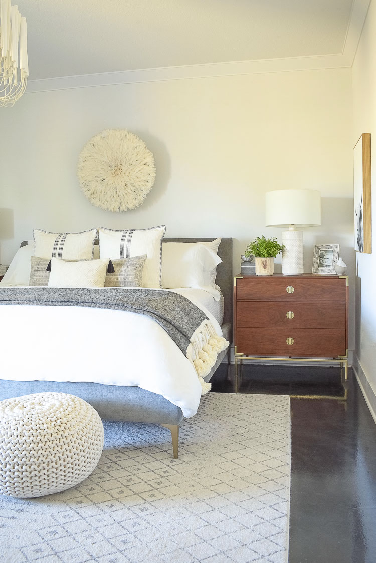 black and white spring bedroom tour - how to style your nightstands