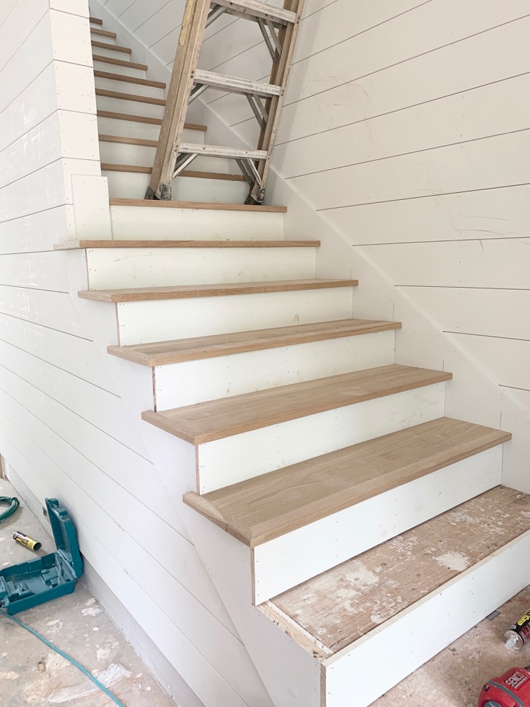 White oak stair treads, white shiplap