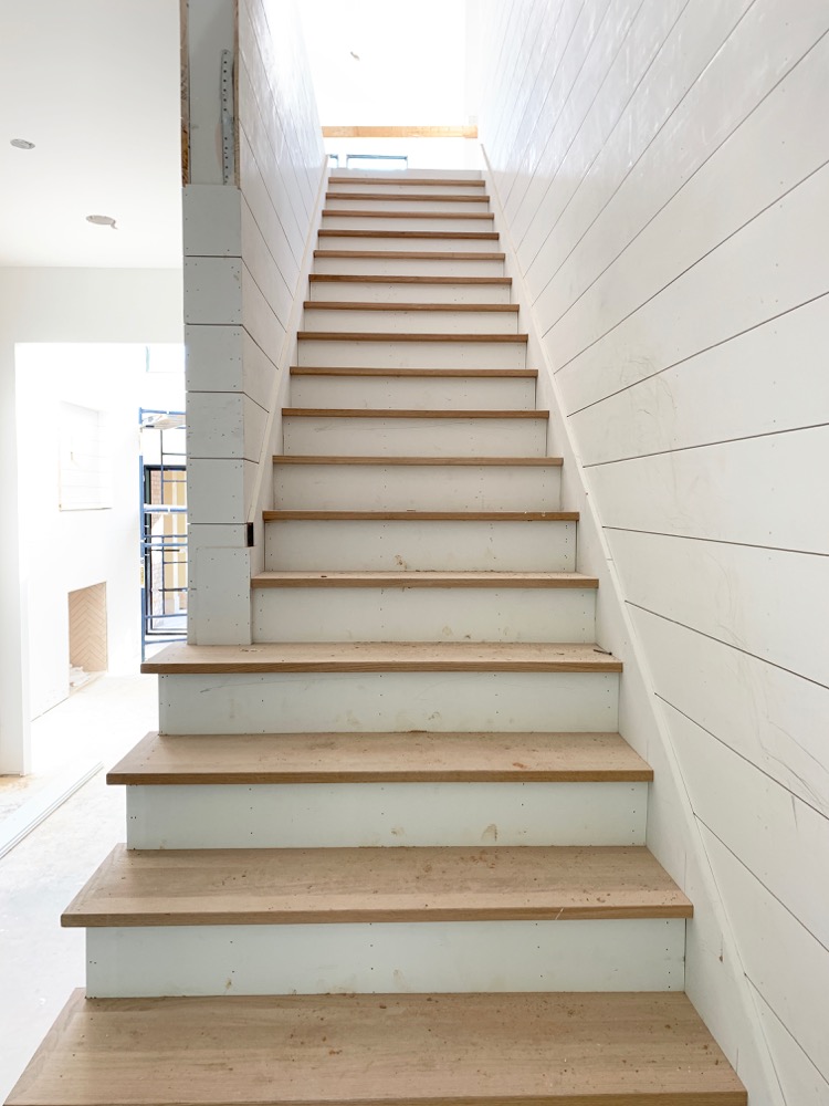 White oak stair treads and white shiplap