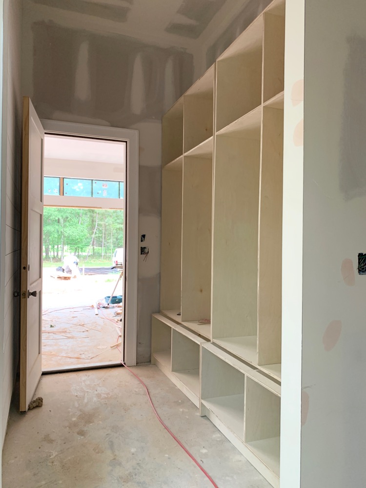 modern mudroom cabinets under construction 