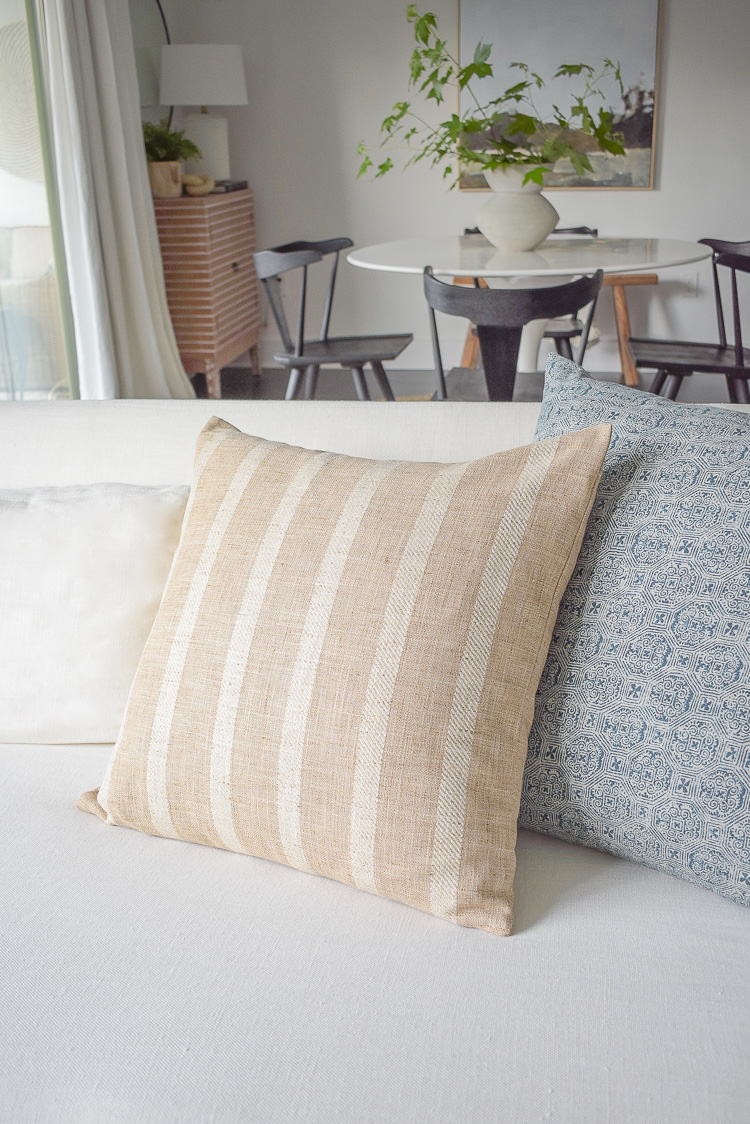 mcgee & co styled pillows on white linen sofa - summer home tour + tips 