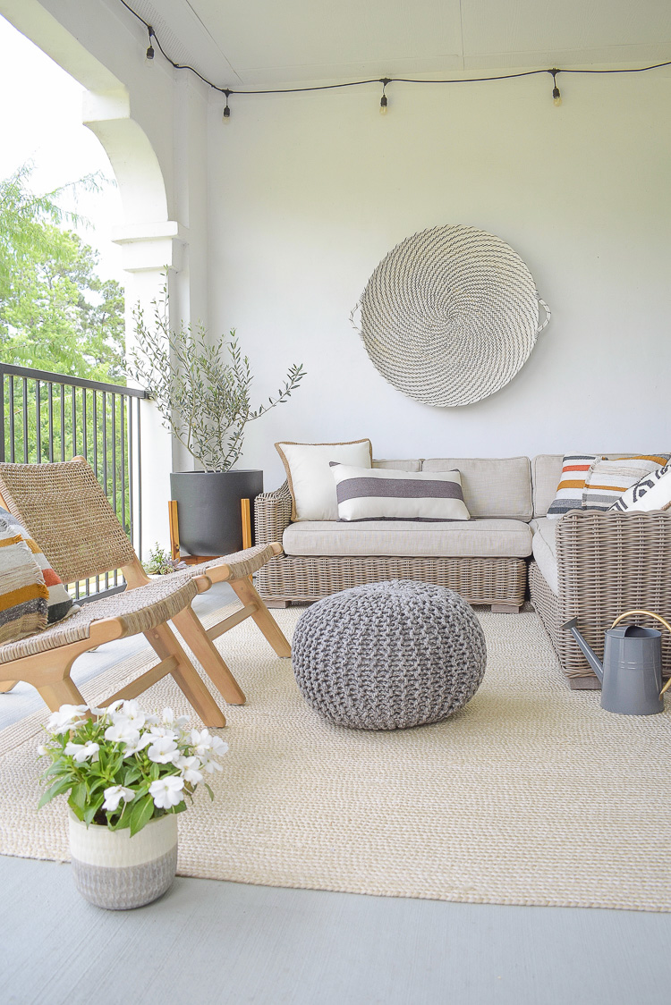 Stay At Home Patio Refresh Tips + Tour - Gray outdoor knit pouf