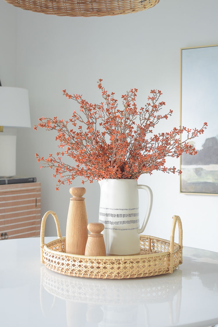 Fall dining table arrangement in vase / rattan basket