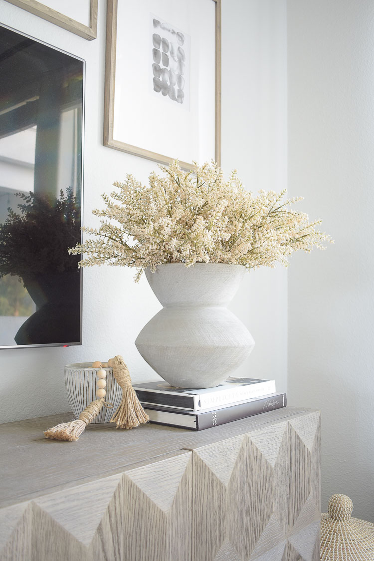 Gray geometric vase with cream heather fall faux florals