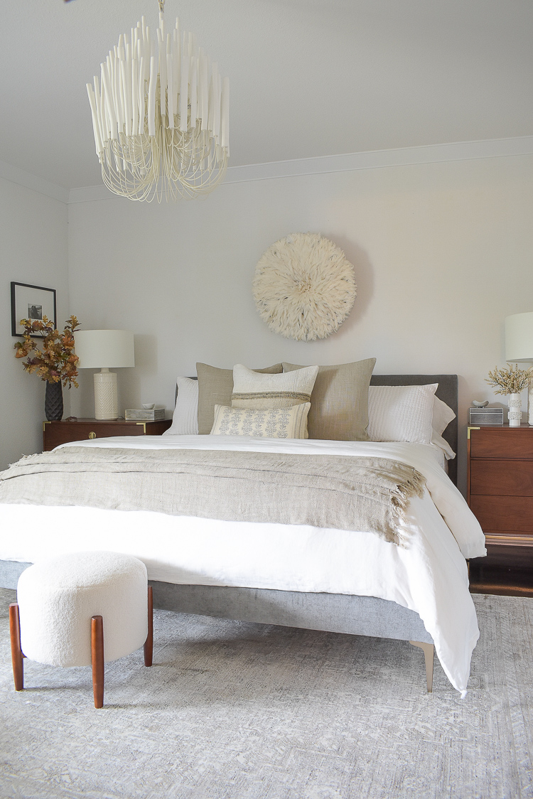 Boho chic transitional modern bedroom decorated for fall