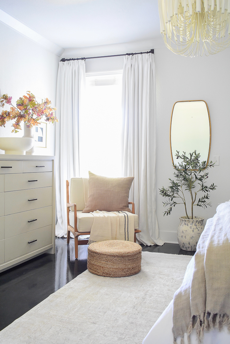 Bedroom sitting area, white linen drapes, modern boho chic style 