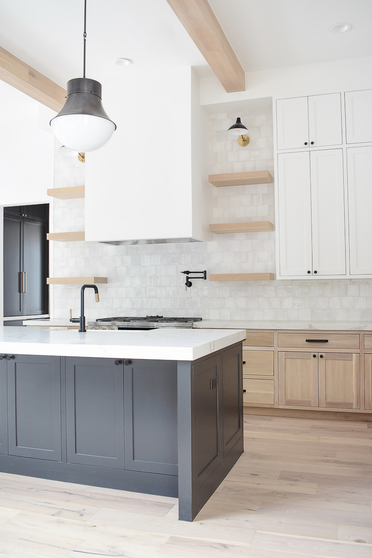 White kitchen, white oak, black and white cabinets, box beams, white oak floors