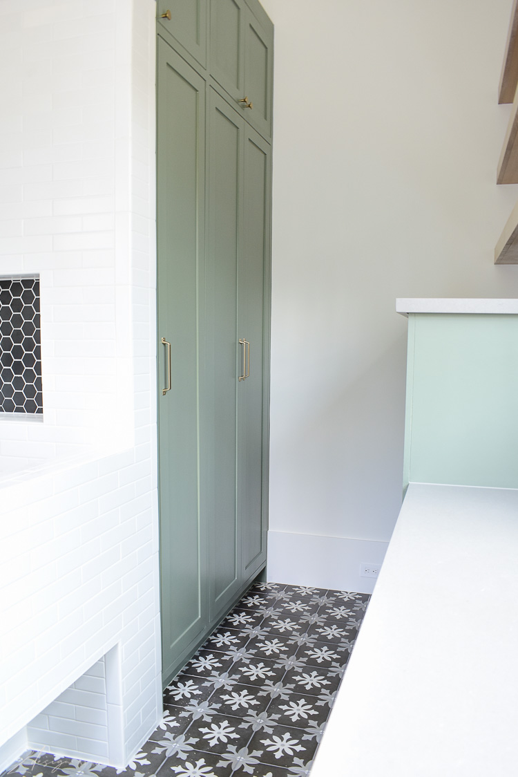 laundry room tall green cabinets - dried thyme by sherwin williams