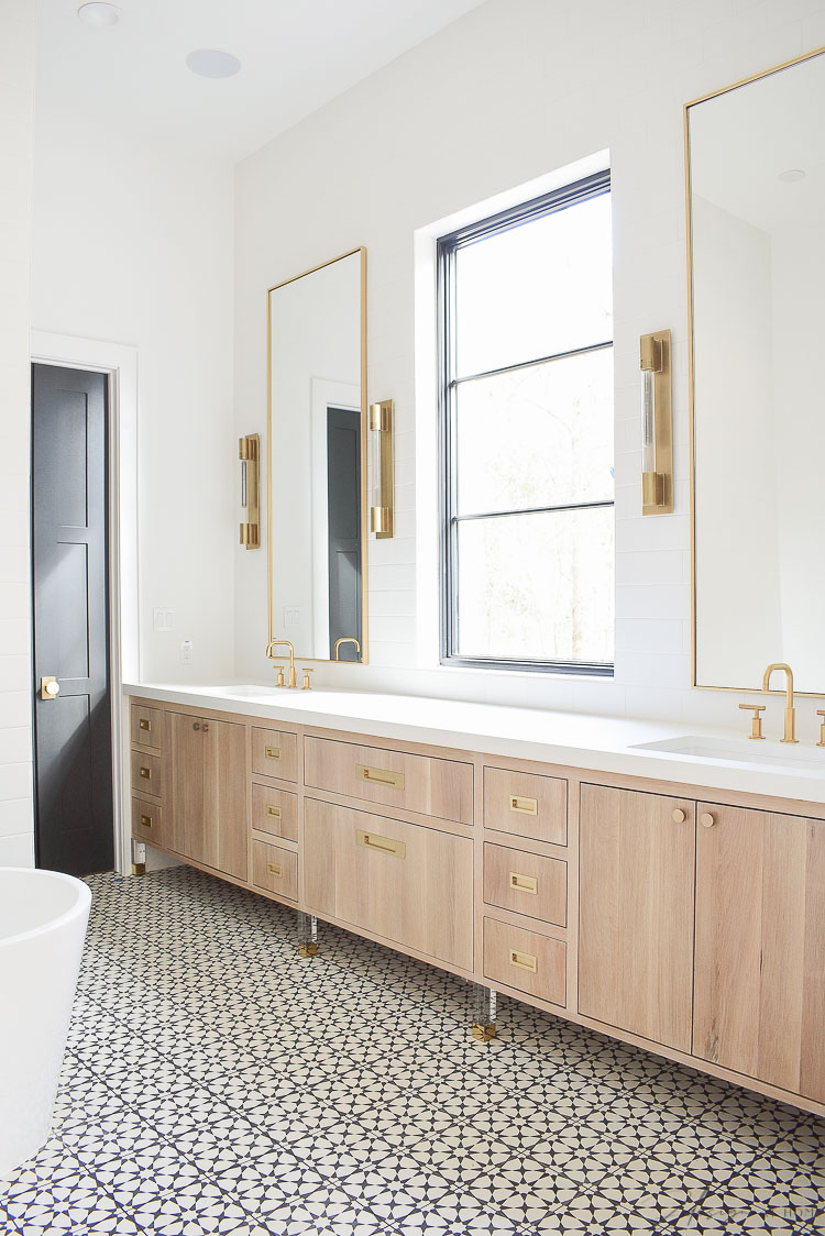 Master Bath Design With white oak cabinets and brass accents 