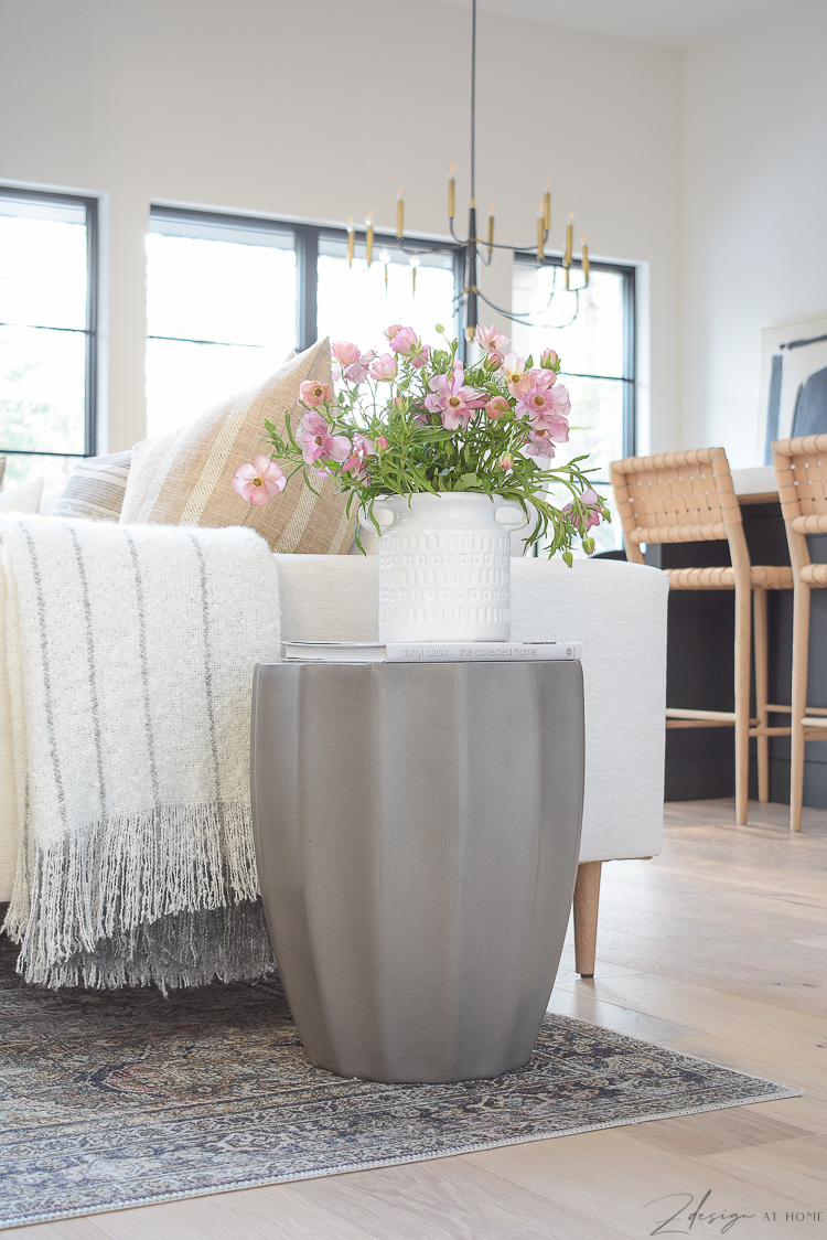 Spring update with joss & main - concrete side table, white vase pink blooms