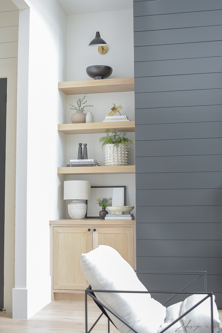 white oak shelves with modern home decor styling