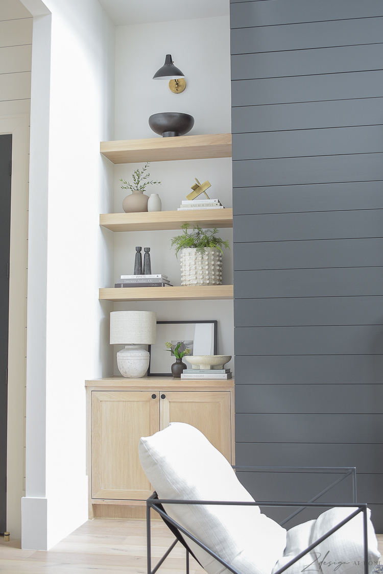 white oak shelves with modern home decor styling 