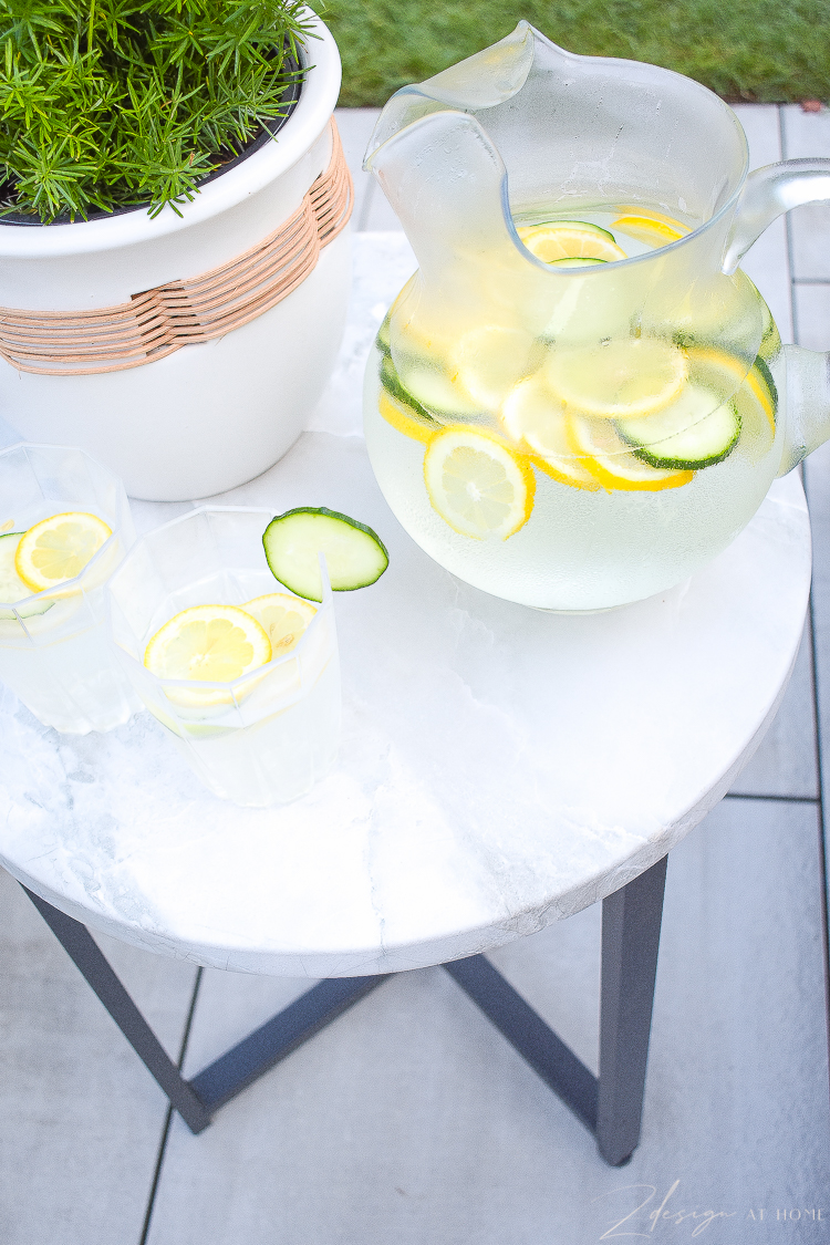 outdoor side table with faux marble realistic top 