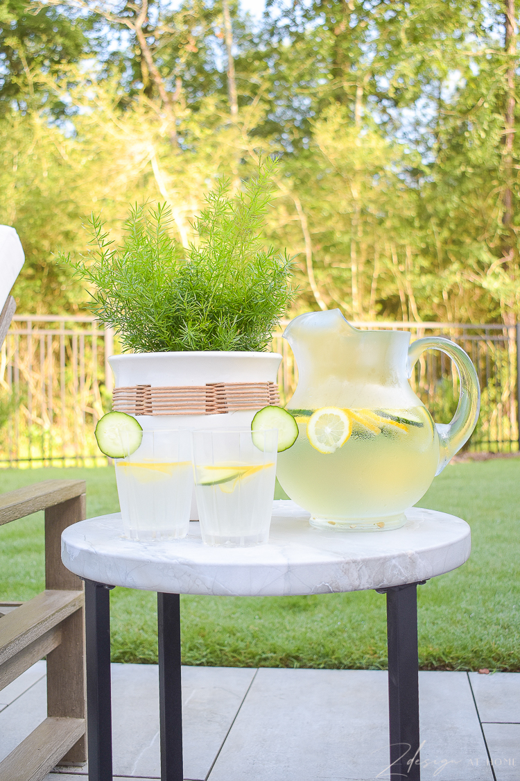 walmart home outdoor serving - elegant plastic glasses, water pitcher and raffia planter pot, faux marble top side table 