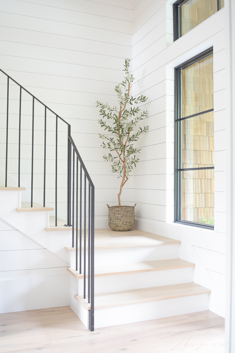 modern slender iron hand rail for stains, faux slender tall olive tree