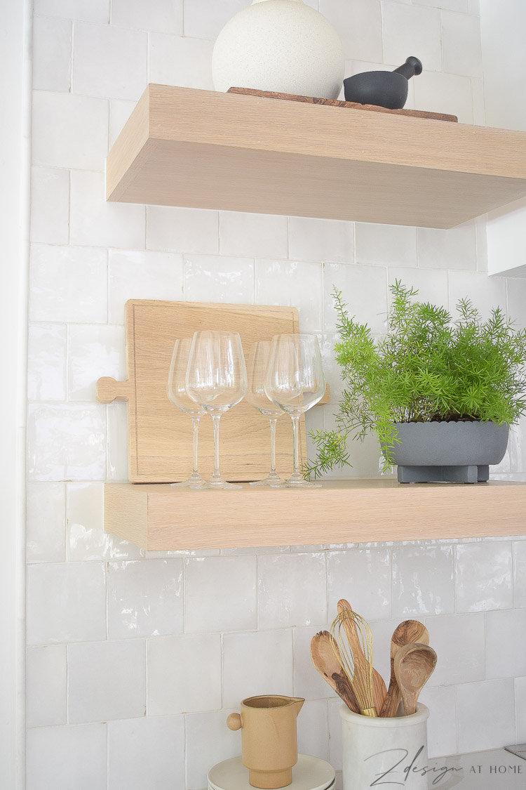 style open shelves in kitchen with white zellige tile backsplash