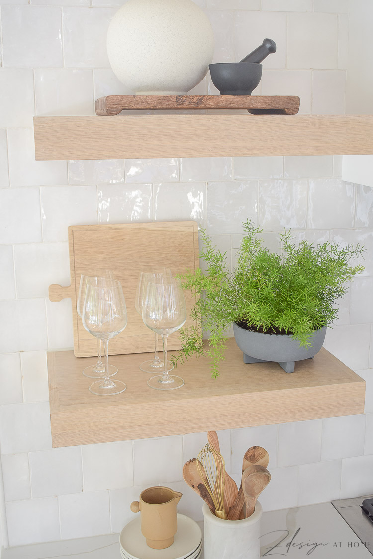 styled open kitchen white oak shelves 