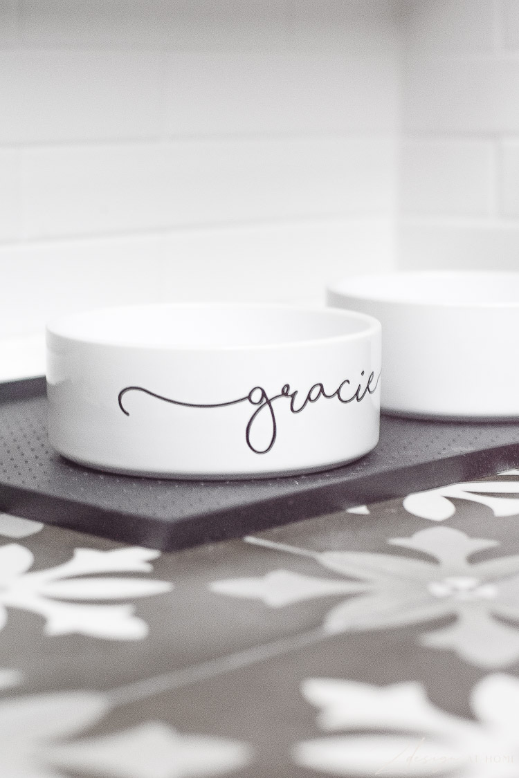 pet dog bowl white with cursive font in black 