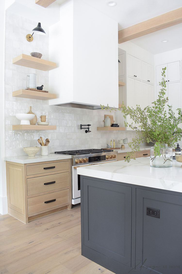 white sheetrock hood in modern farmhouse kitchen - 3 cabinet colors 