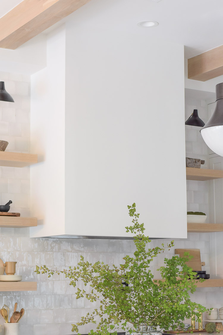 white sheetrock box range hood in modern farmhouse kitchen