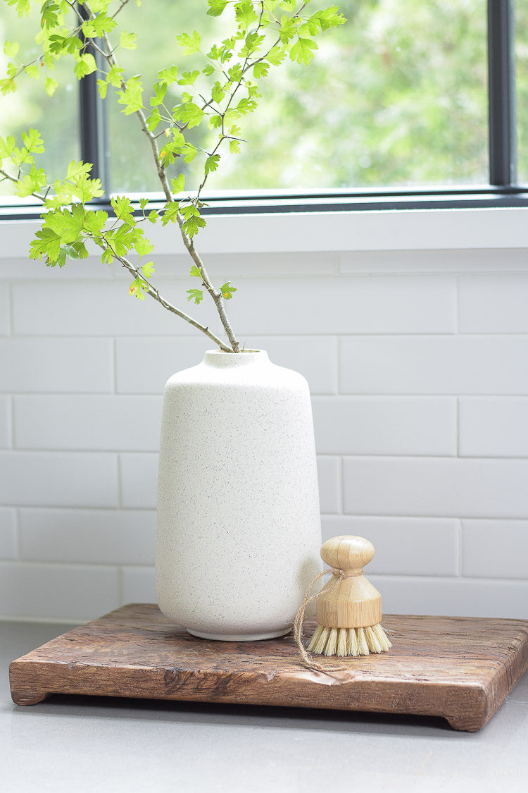 speckled vase with brach from outside and scrub vegetable brush