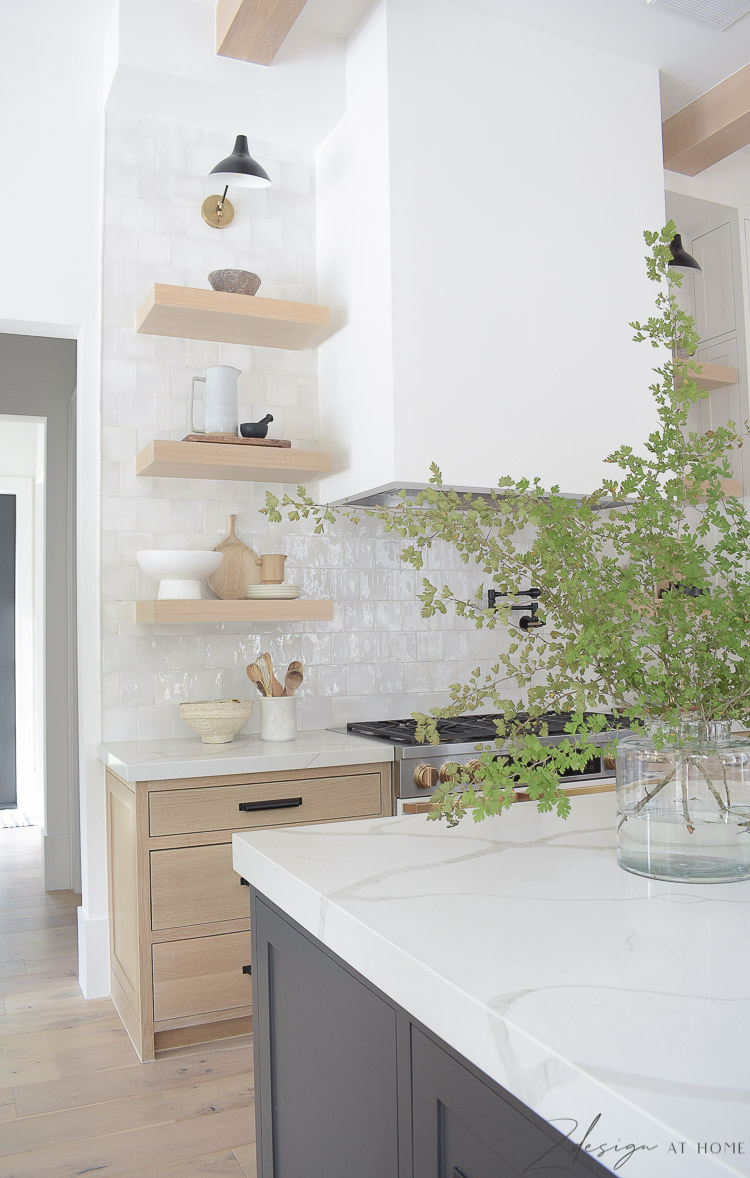 white oak shelves in modern farmhouse kitchen