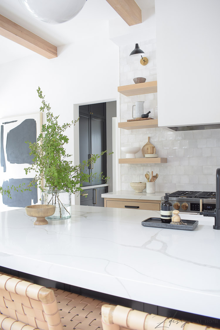 white oak open shelves in modern farmhouse kitchen