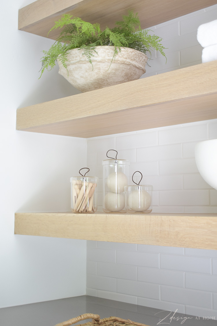 how to style laundry room shelves - white oak 3" shelves 