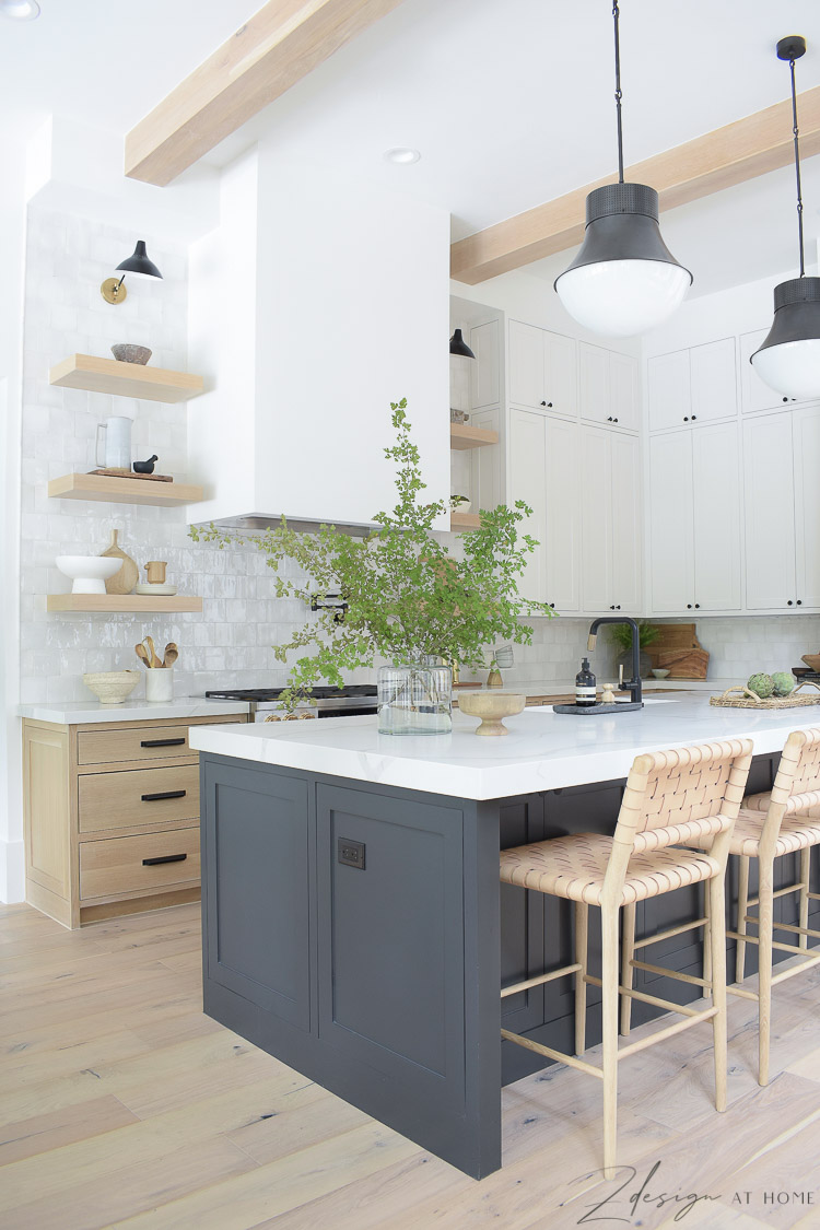 modern farmhouse kitchen with 3 cabinet colors - white oak, sw snowbound and black island