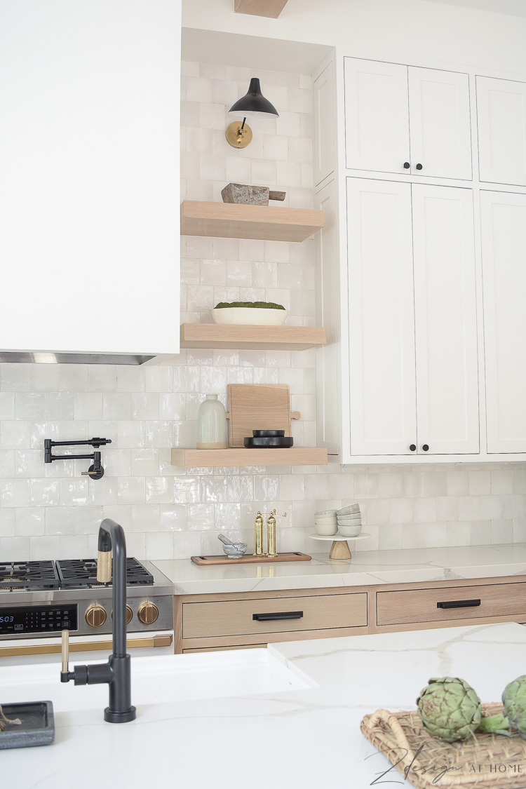 white oak open shelves in modern farmhouse kitchen with white zellige backsplash