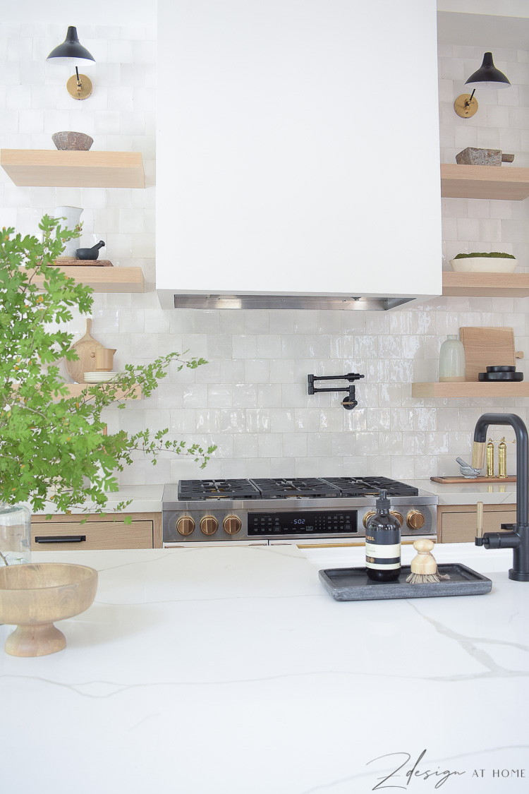 white sheetrock range hood, square knockoff zellige tile 