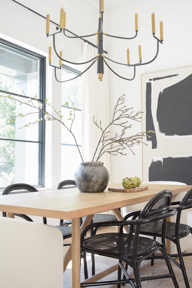 modern black and white farmhouse dining room themed in black and white 